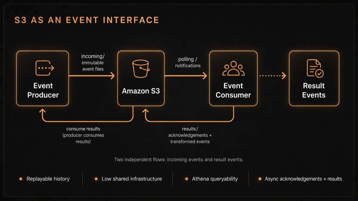 Two independent event flows use Amazon S3 to exchange incoming files, acknowledgements, and transformed result events